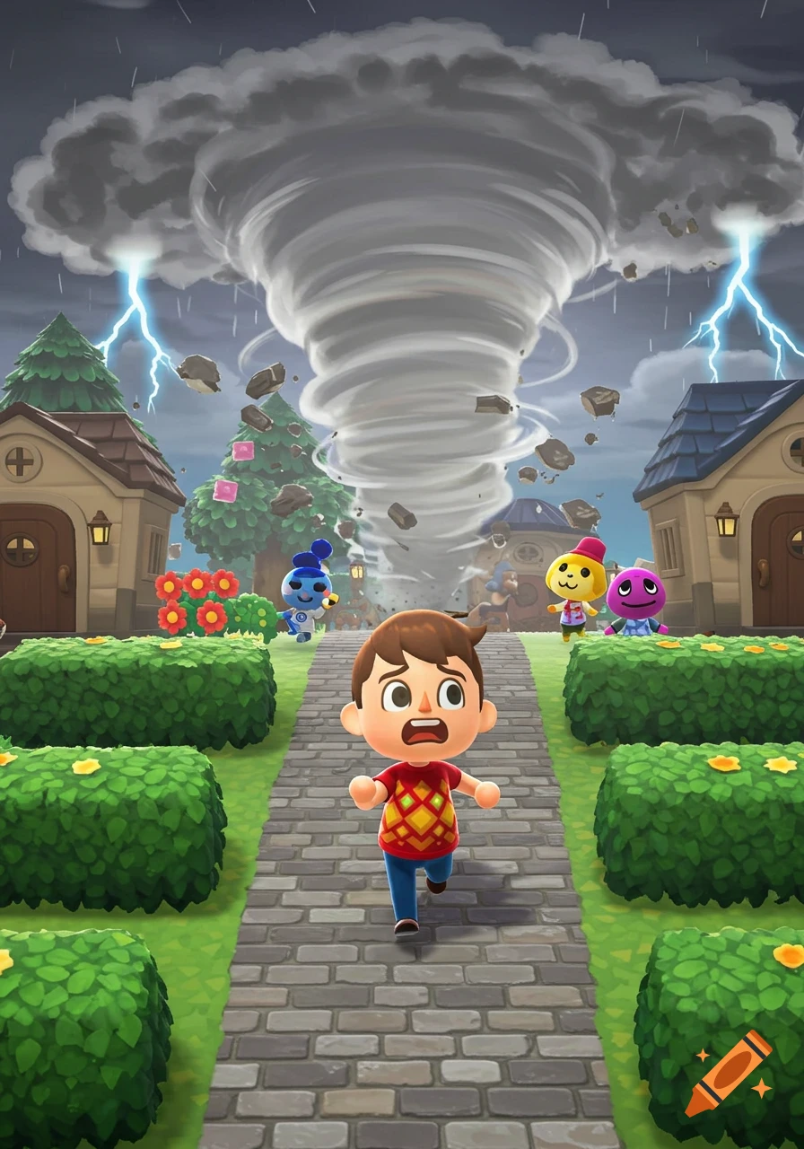 An Animal Crossing character runs panicked from a large tornado in a village, with lightning and debris flying.