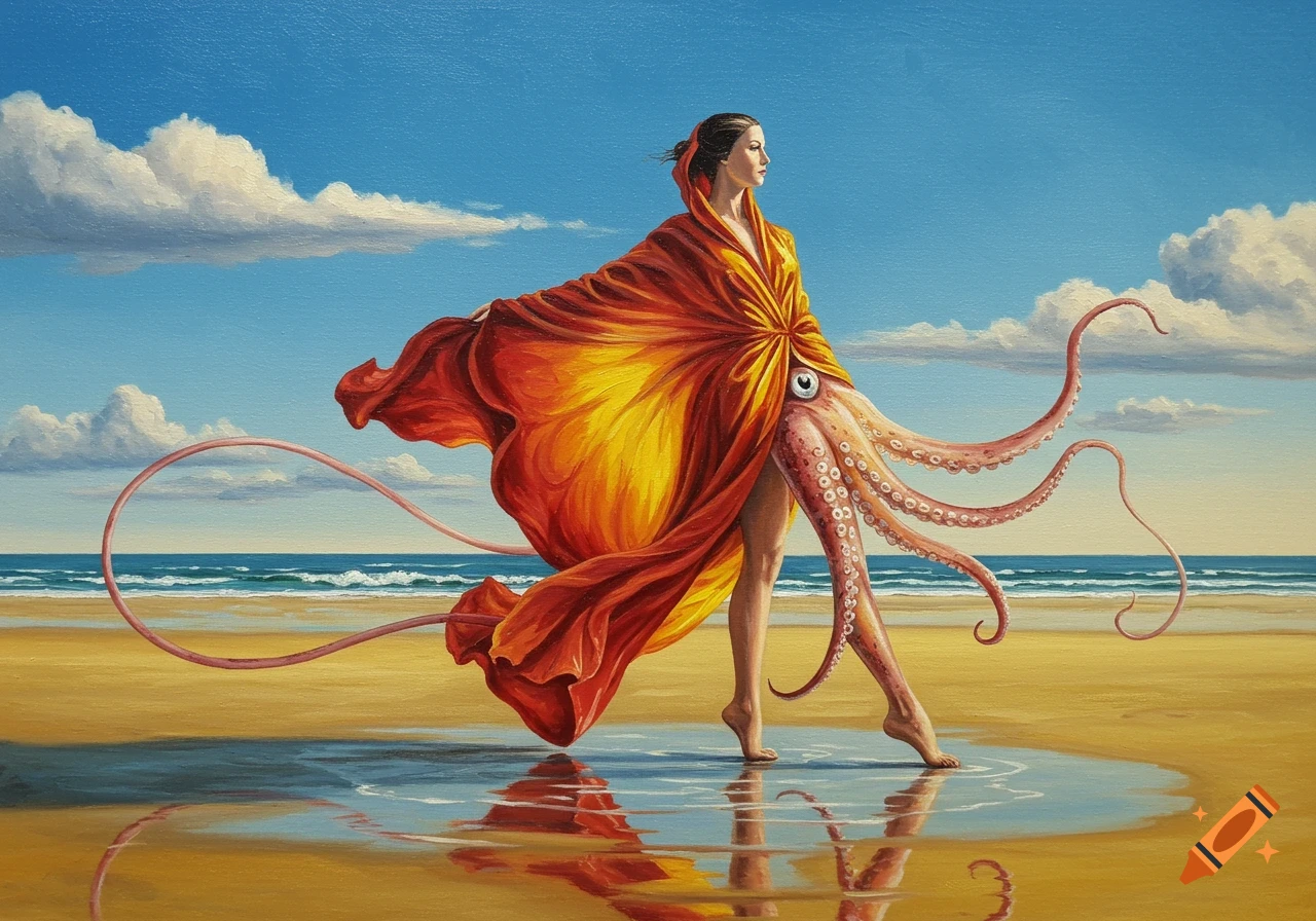 A surrealist oil painting of a woman with an octopus lower body, wrapped in a flowing red and yellow robe, walking on a sandy beach by the ocean under a blue sky.