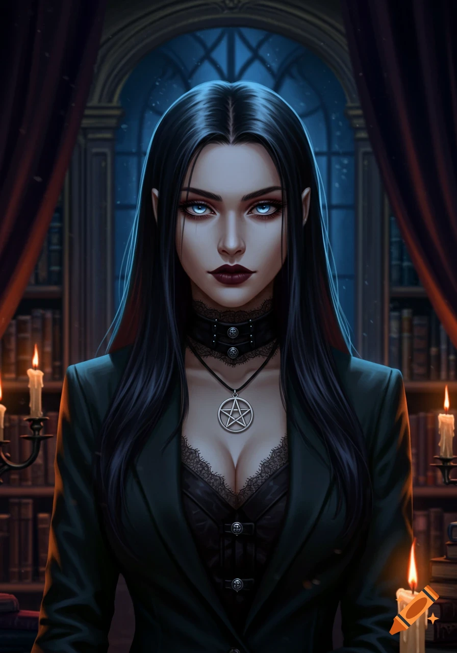 A gothic woman with long dark hair, pale skin, and bright blue eyes, wearing a black choker and pentagram necklace, in a dimly lit library.