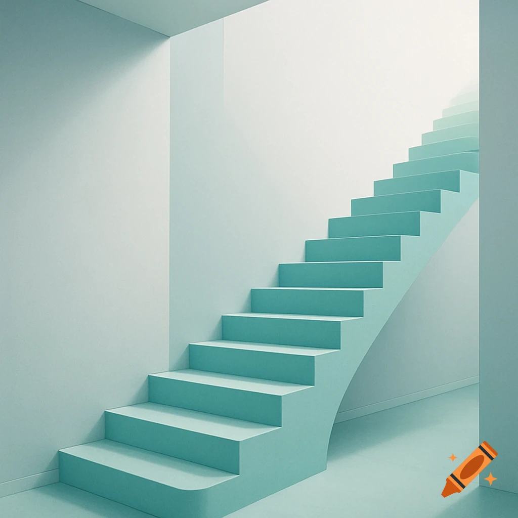 A minimalist light teal staircase ascends between bright white walls, illuminated by soft light.