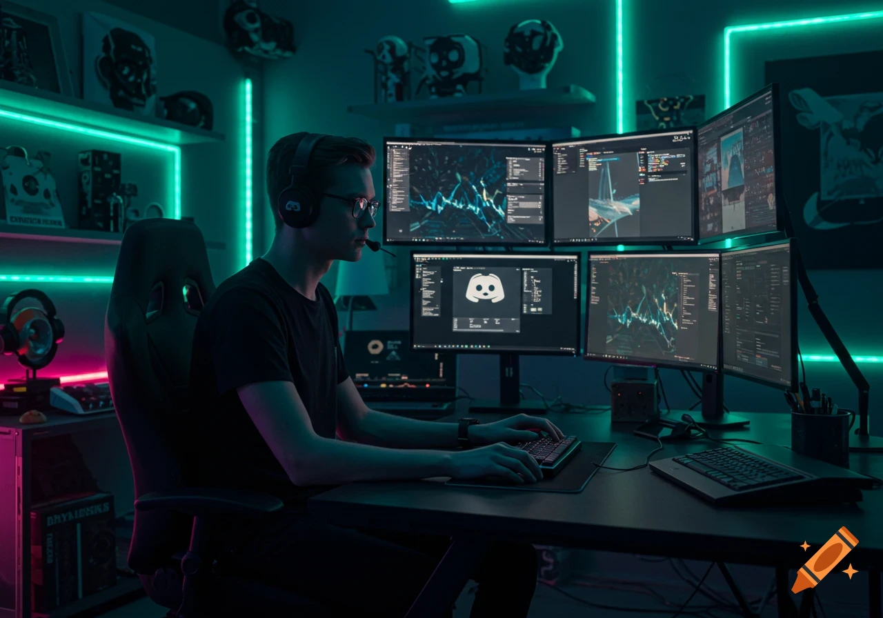 A young man with glasses and a headset sits at a glowing neon-lit gaming desk with multiple monitors showing code and a Discord logo, typing on a keyboard.