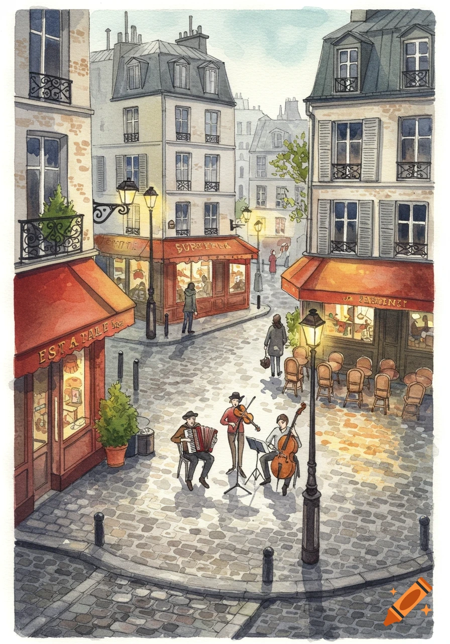 A watercolor painting of a lively Parisian street scene with musicians playing in the cobblestone square and people walking past shops and cafes.