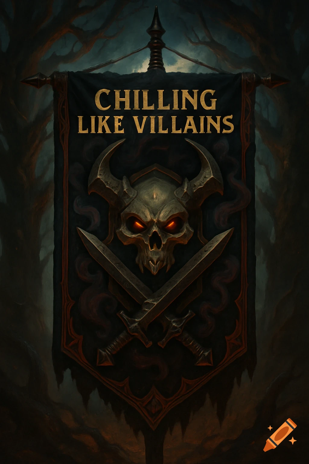 Dark fantasy guild banner with a horned skull, glowing red eyes, crossed swords, and 'CHILLING LIKE VILLAINS' text.