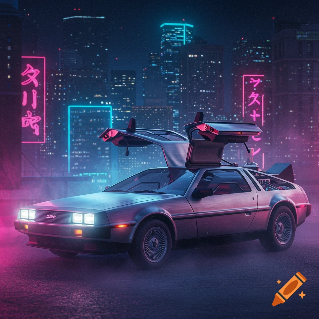 A DeLorean with its gull-wing doors open, parked on a street with a futuristic, neon-lit cityscape in the background, in a cyberpunk style.