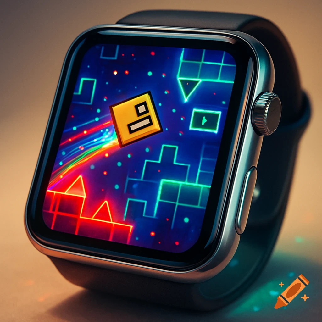 A close-up of an Apple Watch displaying a colorful, abstract game interface with a yellow square icon.