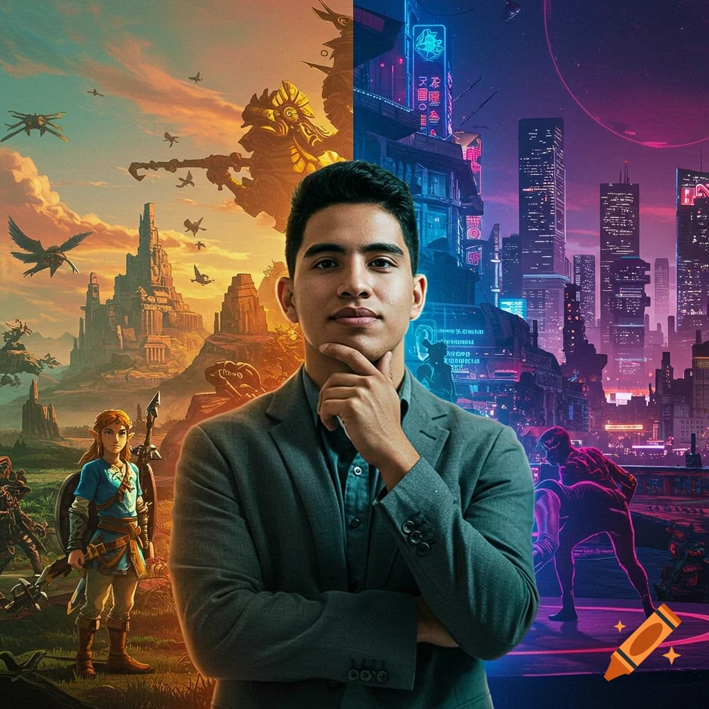 A man in a suit in front of a split background, with a fantasy landscape on the left and a neon cyberpunk city on the right.