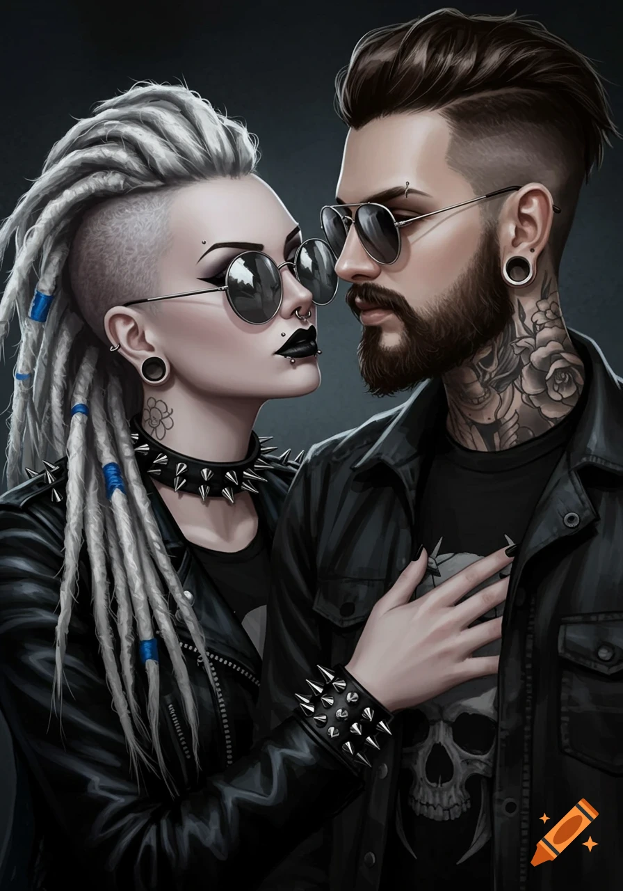 A digital art portrait of a gothic rocker couple. The woman has platinum dreadlocks, piercings, sunglasses; the man has a beard, tattoos, sunglasses.