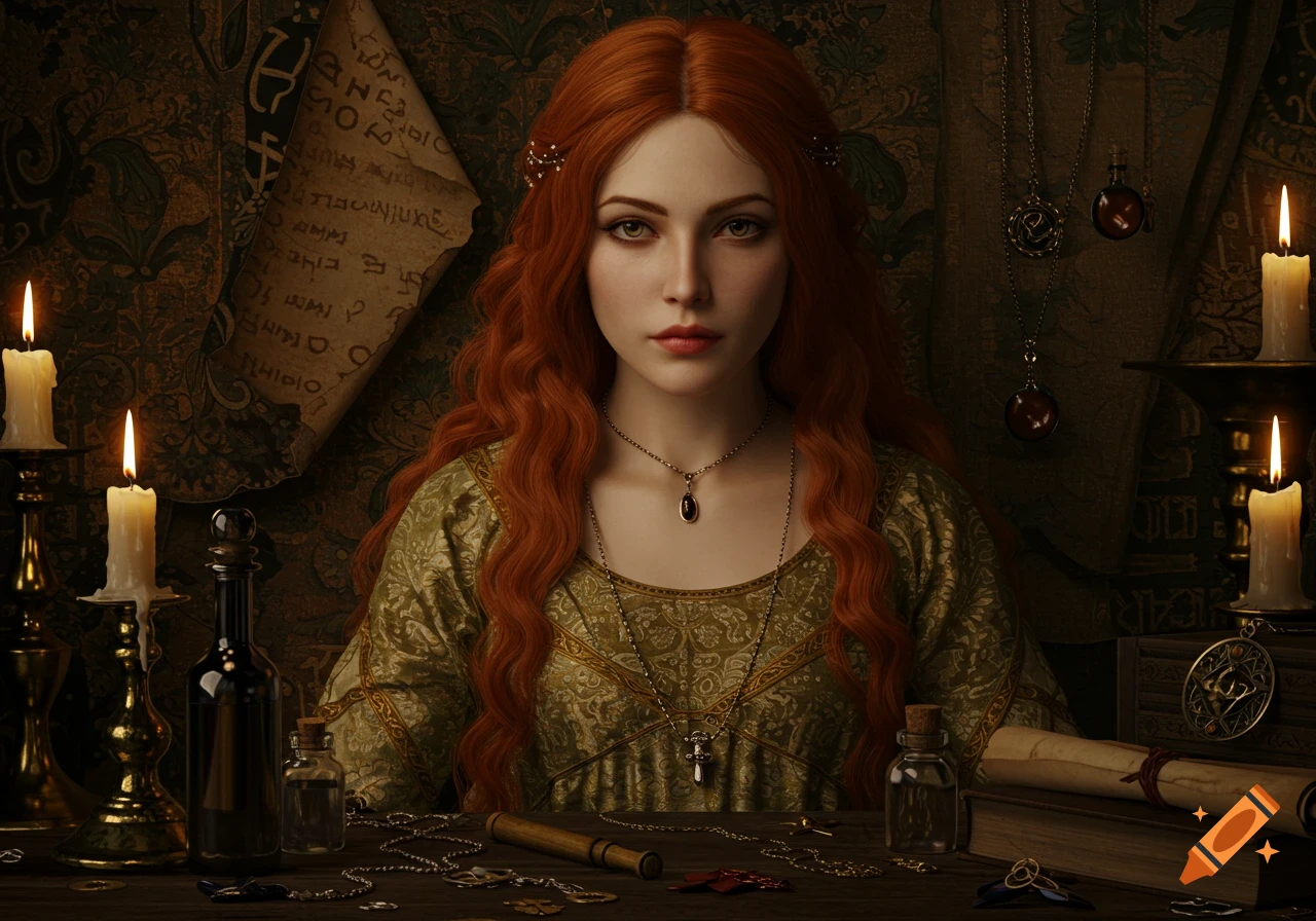 A red-haired woman in a green historical dress sits at a candlelit table with scrolls and potion bottles, in a realistic painterly style.