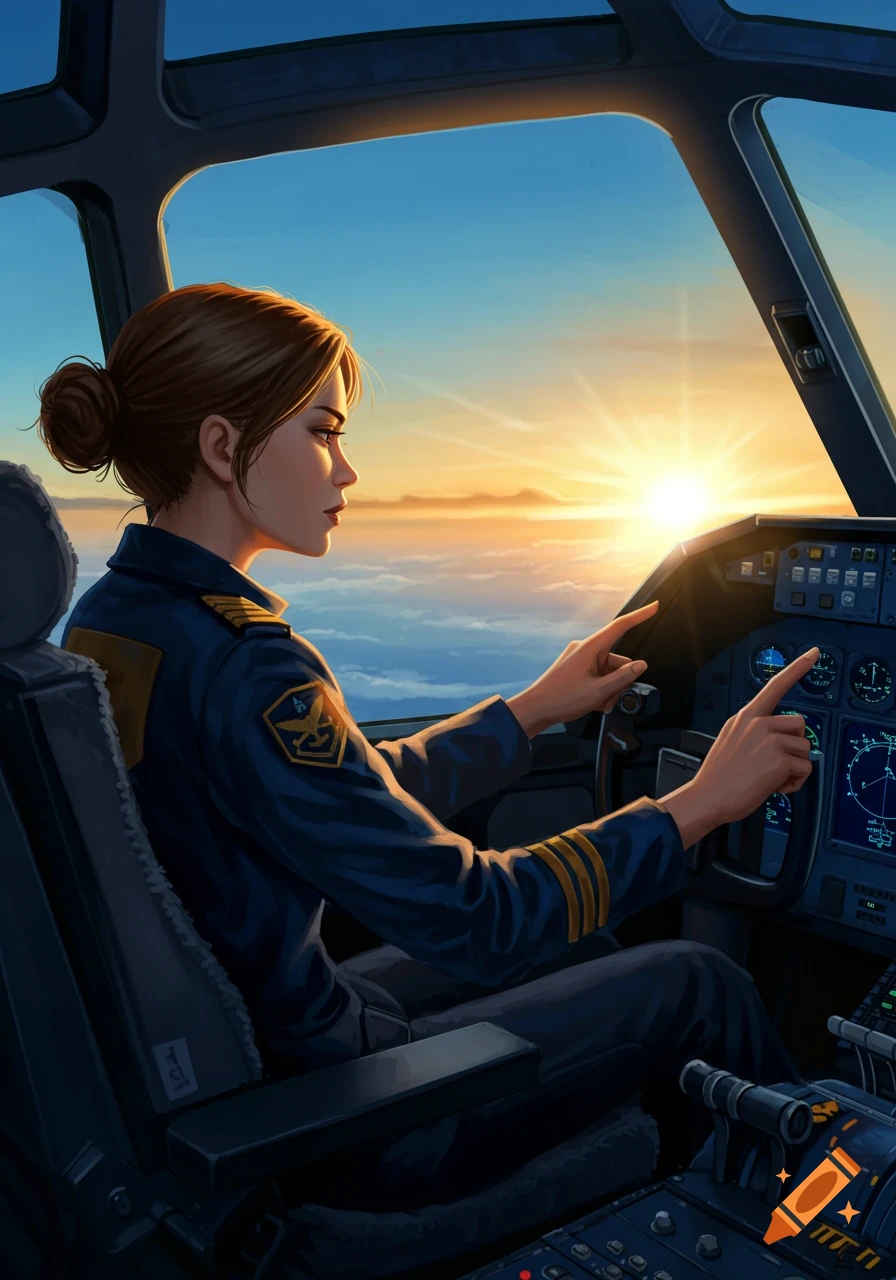 Digital art of a female pilot in a cockpit at sunrise, flying above clouds.