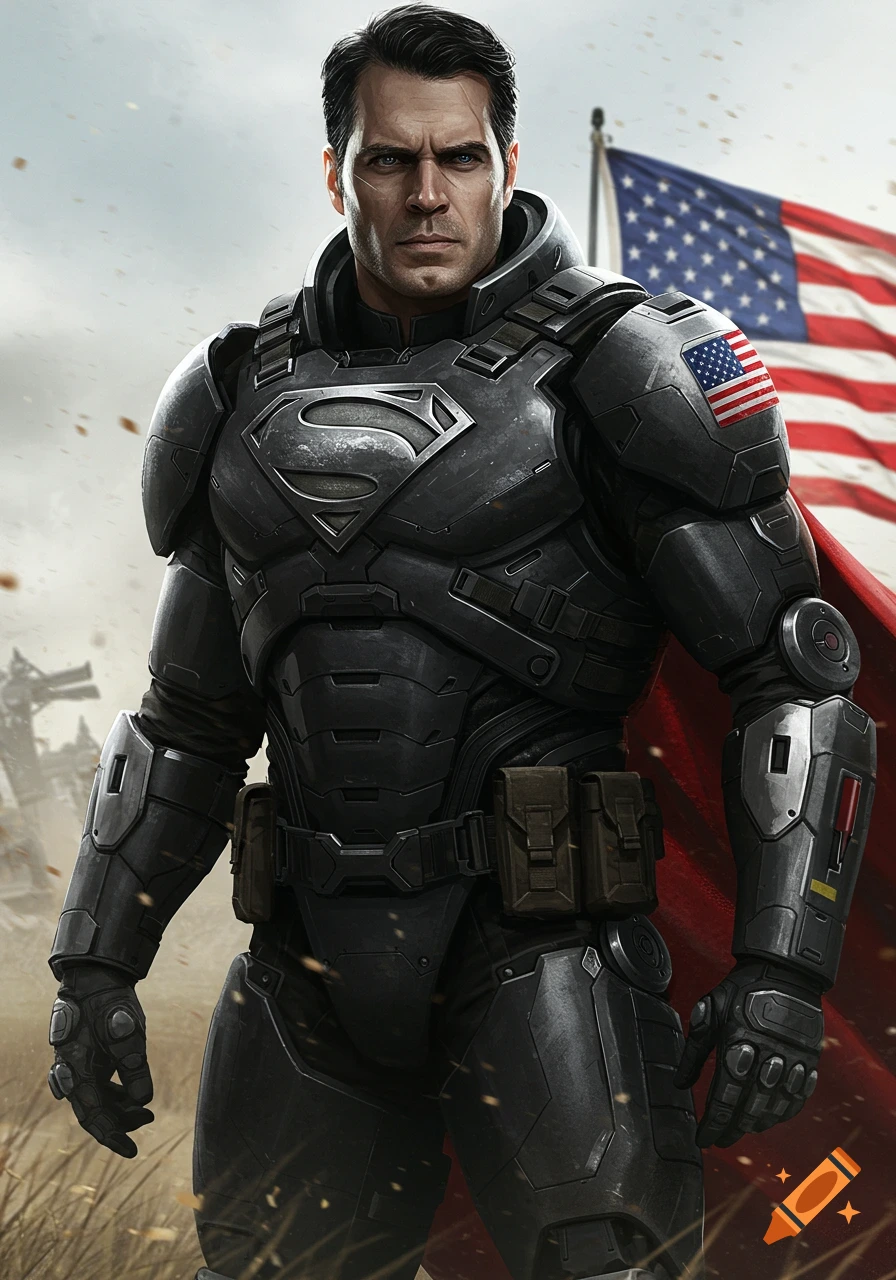 Photorealistic Superman-like figure in dark tactical armor with an 'S' symbol and a US flag patch, with an American flag in the background.