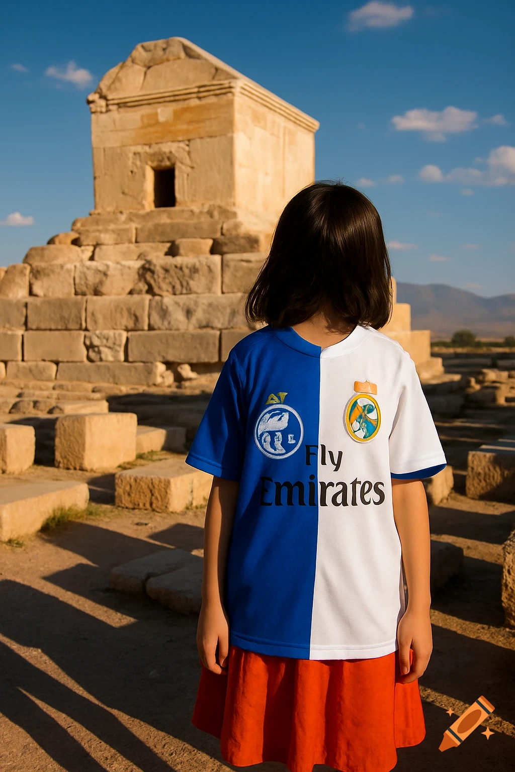 A young girl in a blue and white 'Fly Emirates' half-half shirt stands with her back to the camera, facing an ancient stone monument under a clear blue sky.
