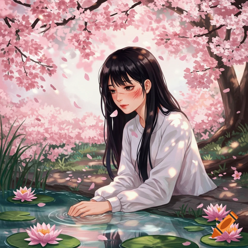 Anime illustration of a girl with long dark hair touching water amidst pink cherry blossoms and water lilies.