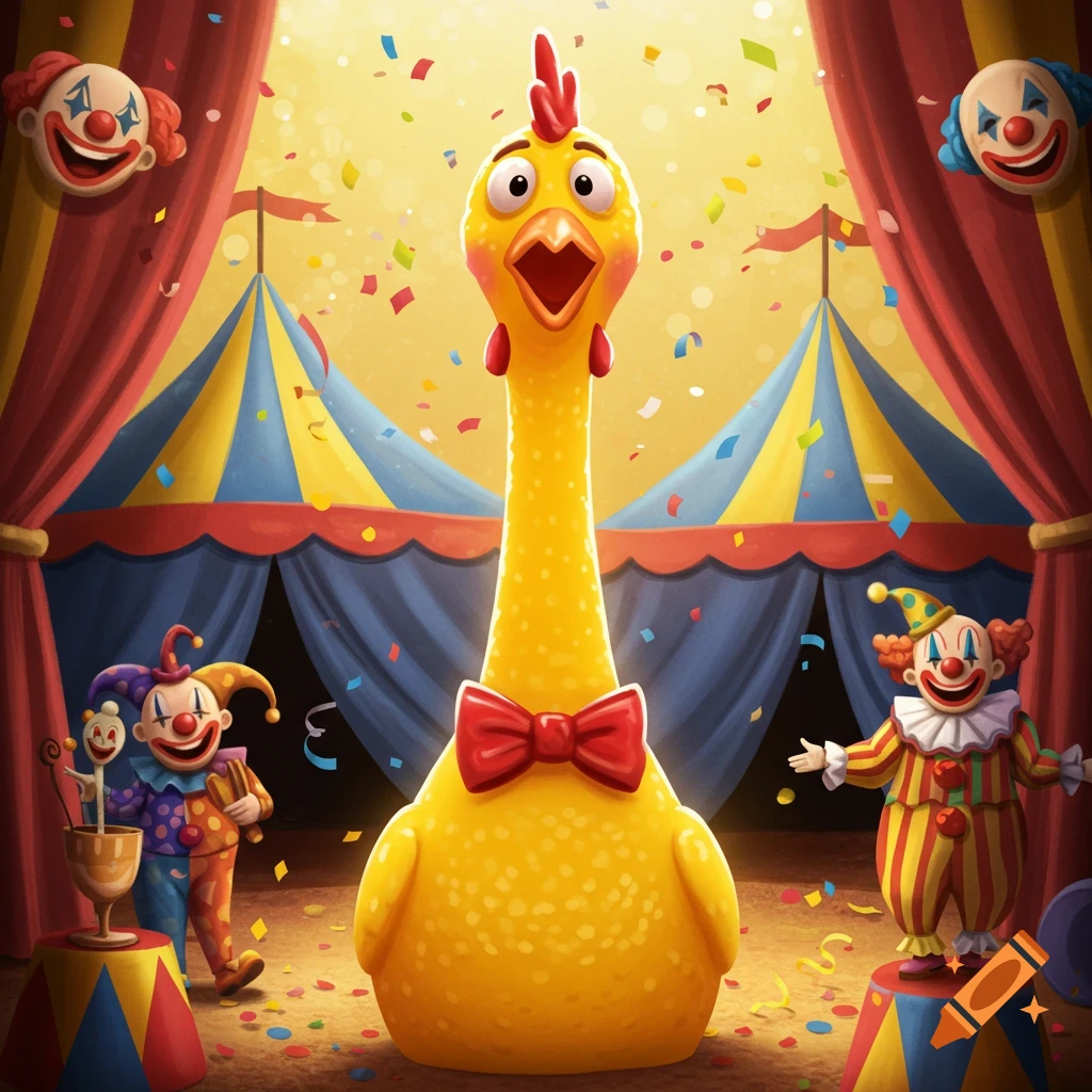 A large yellow rubber chicken with a red bow tie stands center stage at a cartoon circus with confetti and two clowns.