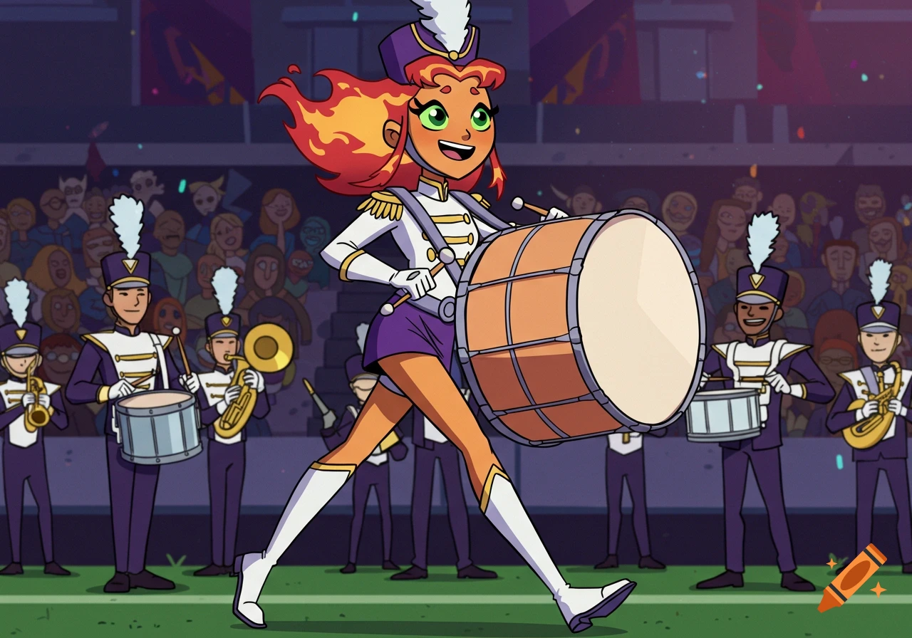 Starfire from Teen Titans Go marching as a drum majorette, playing a large bass drum in a stadium with a marching band in cartoon style.