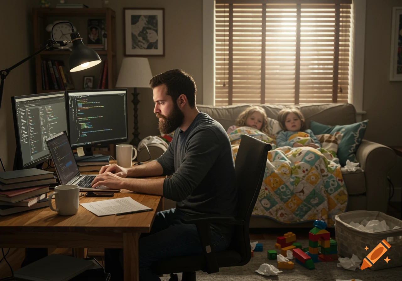A bearded man works on a laptop and multiple monitors in a home office, with two young children sleeping on a couch behind him, surrounded by toys.