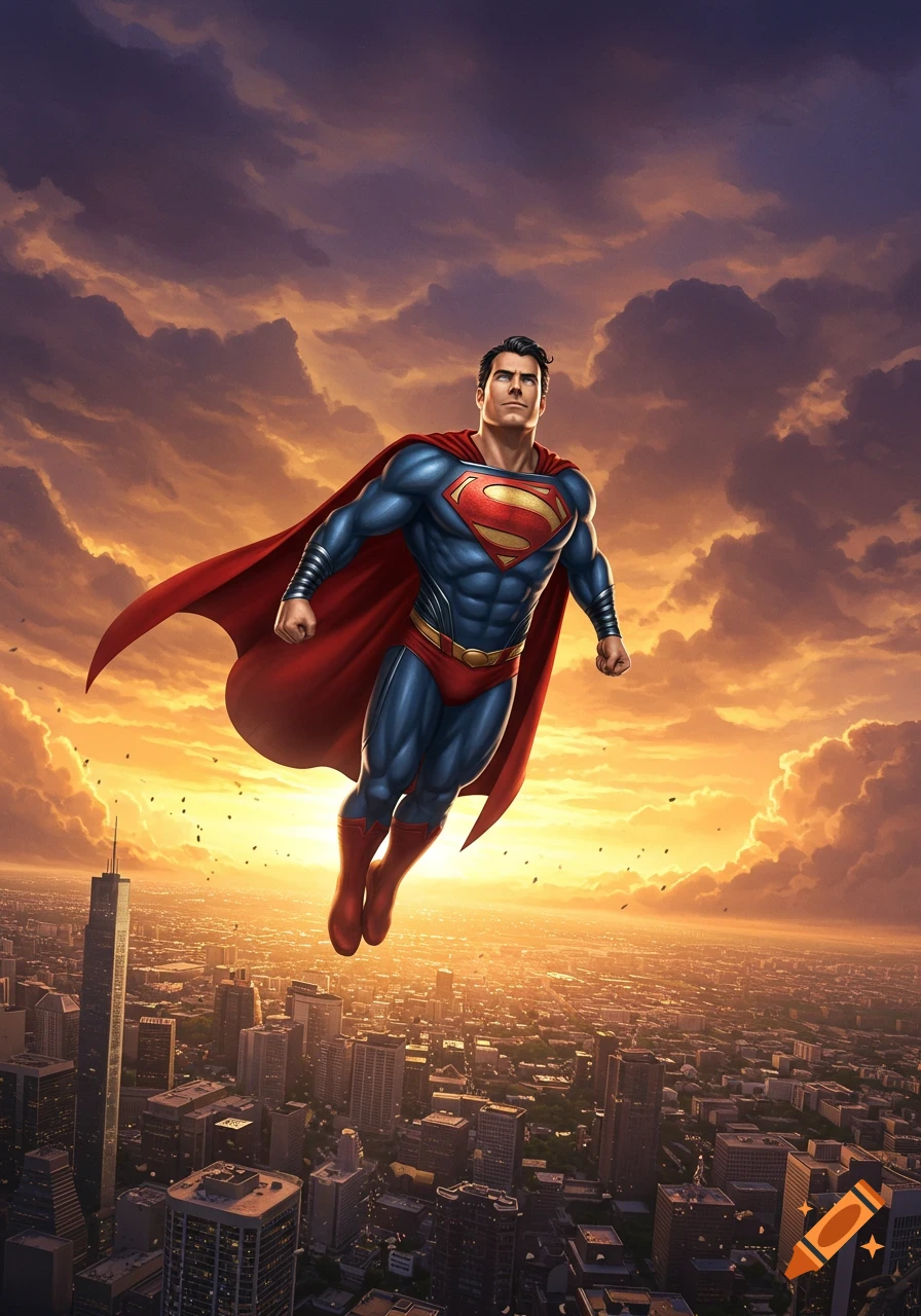 Superman flies over a bustling city at sunset, with a vibrant orange and purple sky.