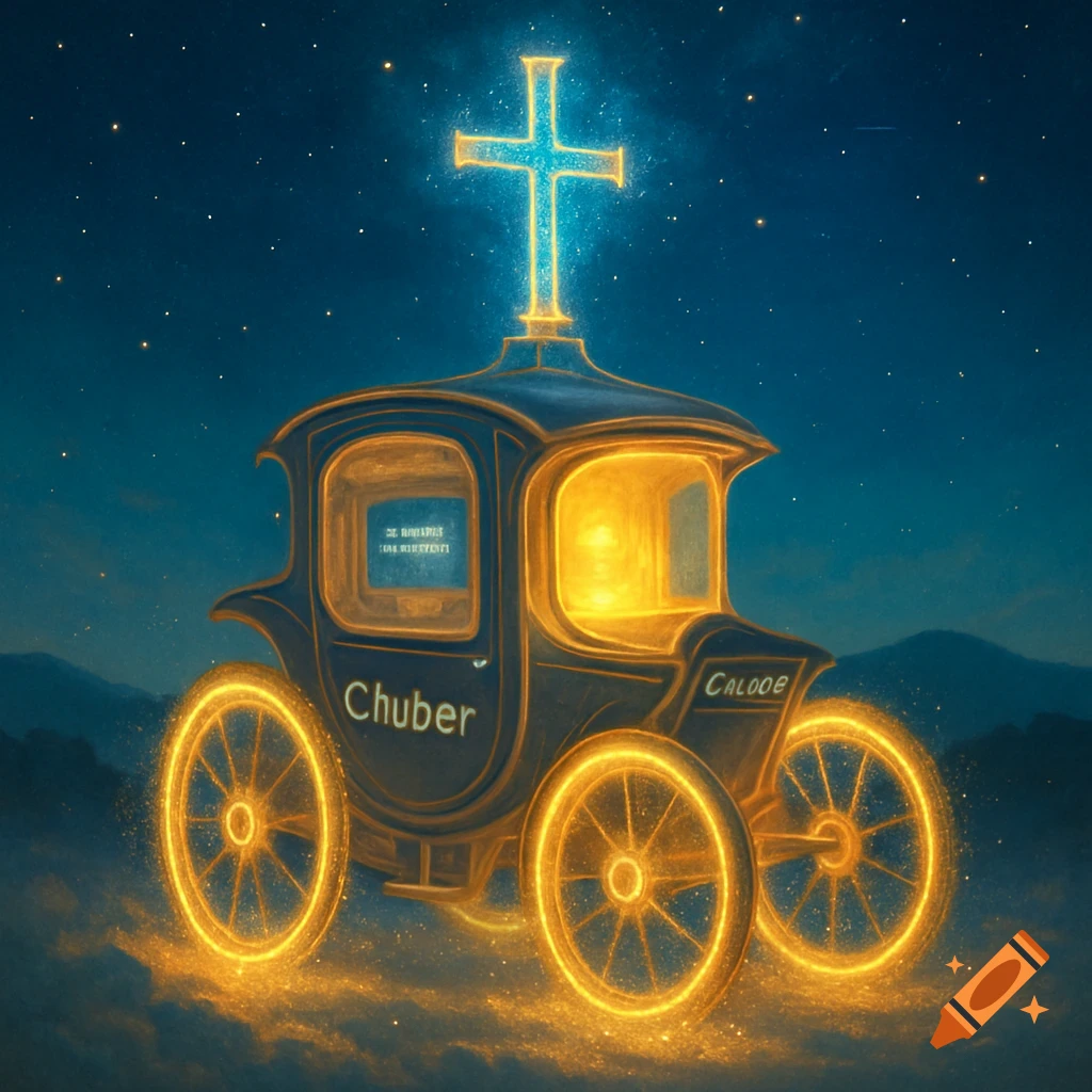 A glowing, dark blue fantasy carriage with a bright cross on top and golden wheels, appearing to float on sparkling clouds at night under a starry sky.