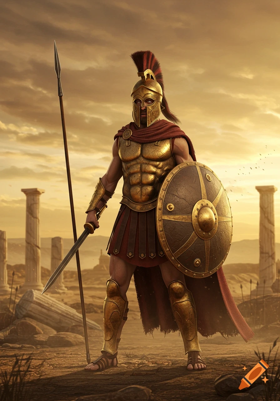 A photorealistic Trojan warrior in golden armor, with spear and shield, stands in a ruined landscape at sunset.