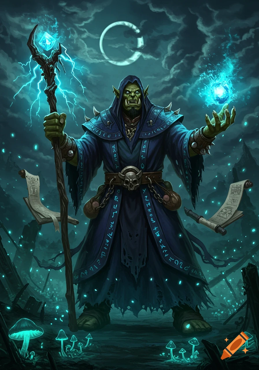 A giant green-skinned orc wizard in a dark blue, hooded robe with glowing runes holds a staff and casts a spell, surrounded by glowing mushrooms under a crescent moon.