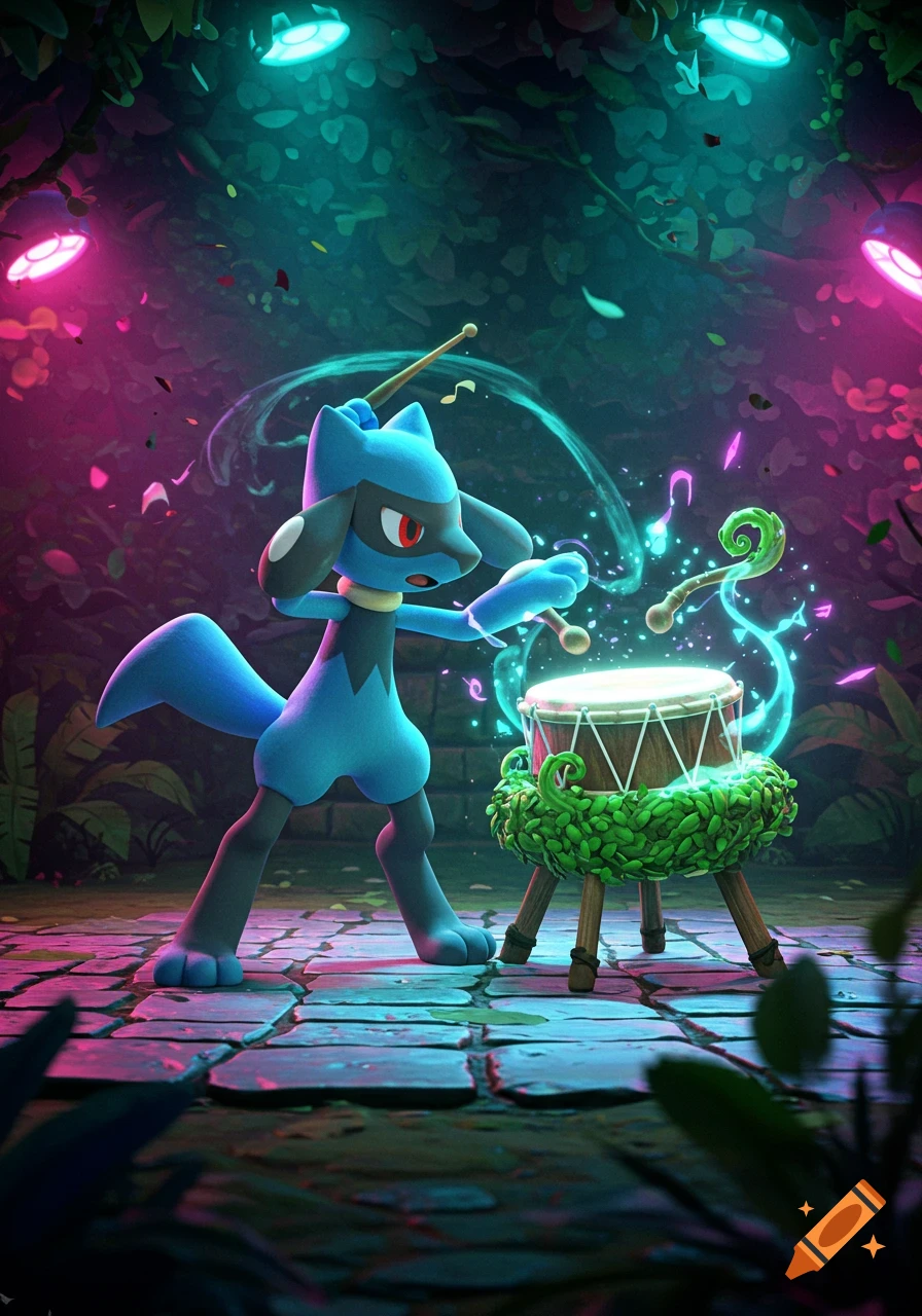 Blue Riolu Pok mmon playing a drum with glowing musical notes in a vibrant, neon-lit jungle.