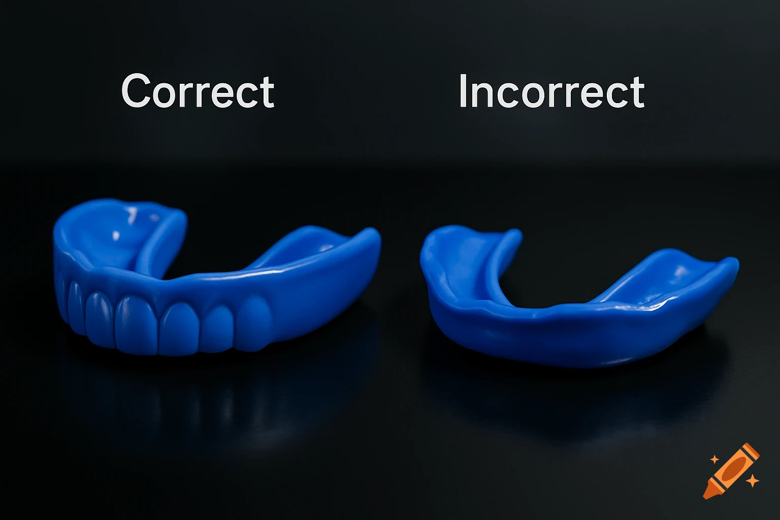 Two blue gum shields, one labeled 'Correct' with teeth indentations, the other 'Incorrect'.