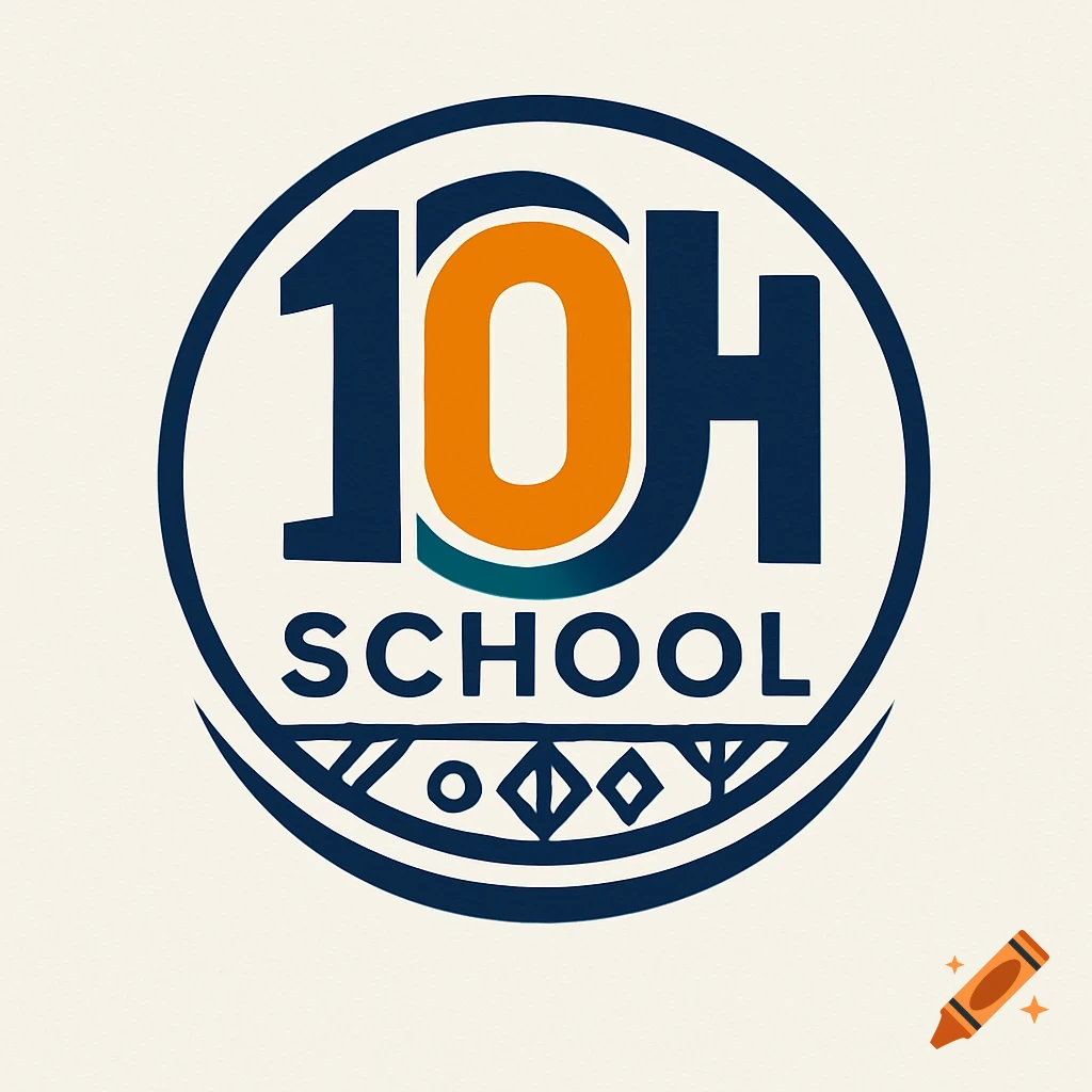 A circular logo for '10H School' with the text '10H' in dark blue and orange, and 'SCHOOL' below it, on a cream background.