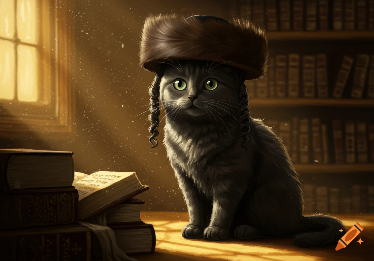 A gray cat wearing a brown fur hat and payot sits in a dimly lit library with an open book.