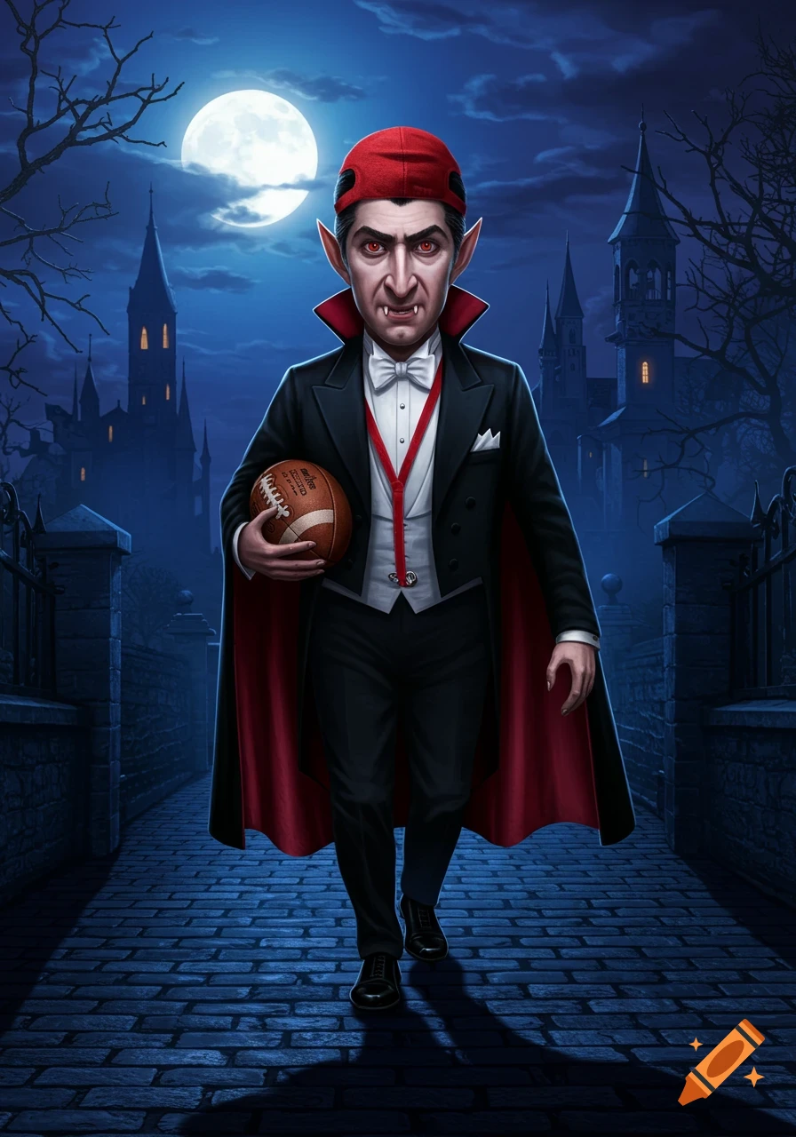 A cartoonish vampire wearing a suit, cape, and a red cap walks on a cobblestone path at night, holding a football with a gothic castle and full moon in the background.