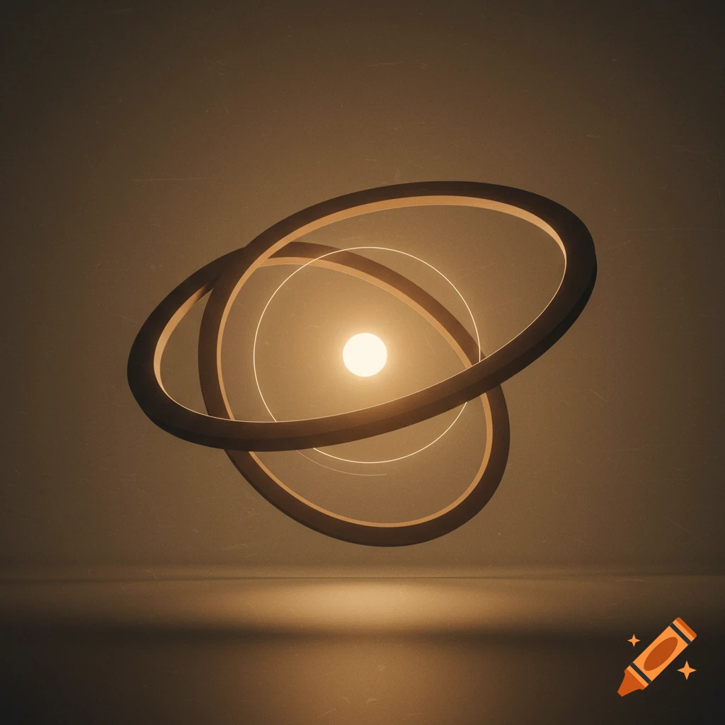 Abstract glowing orb surrounded by interlocking dark and white rings, reflecting on a warm brown surface.