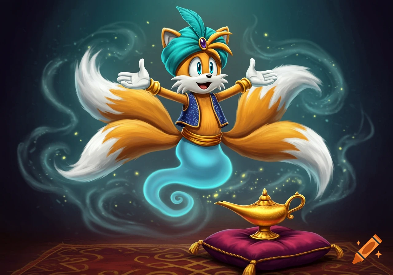 Tails the fox from Sonic dressed as a genie, with multiple fluffy tails and a teal turban, floating above a magic lamp on a pillow.