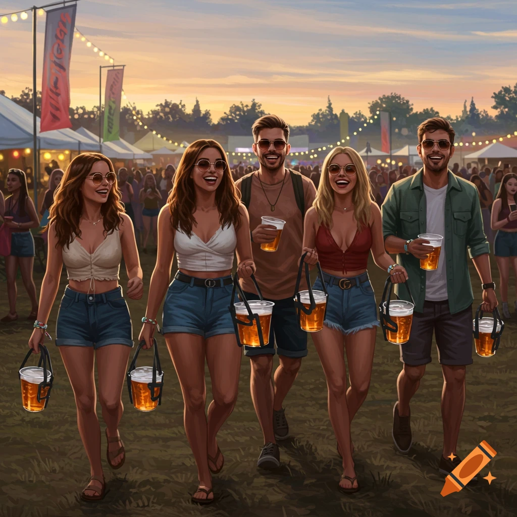 A group of four friends, two men and two women, smiling and walking at a sunny outdoor festival with string lights. They carry multiple cups of beer in sling holders and plastic cups.