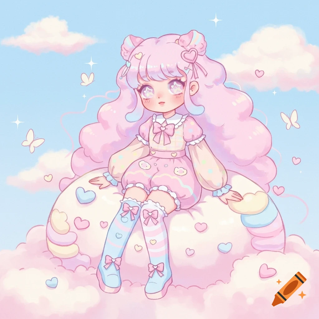 A pastel pink-haired anime girl with large sparkly eyes sits on a fluffy cloud, surrounded by hearts and butterflies in a dreamy, kawaii style.