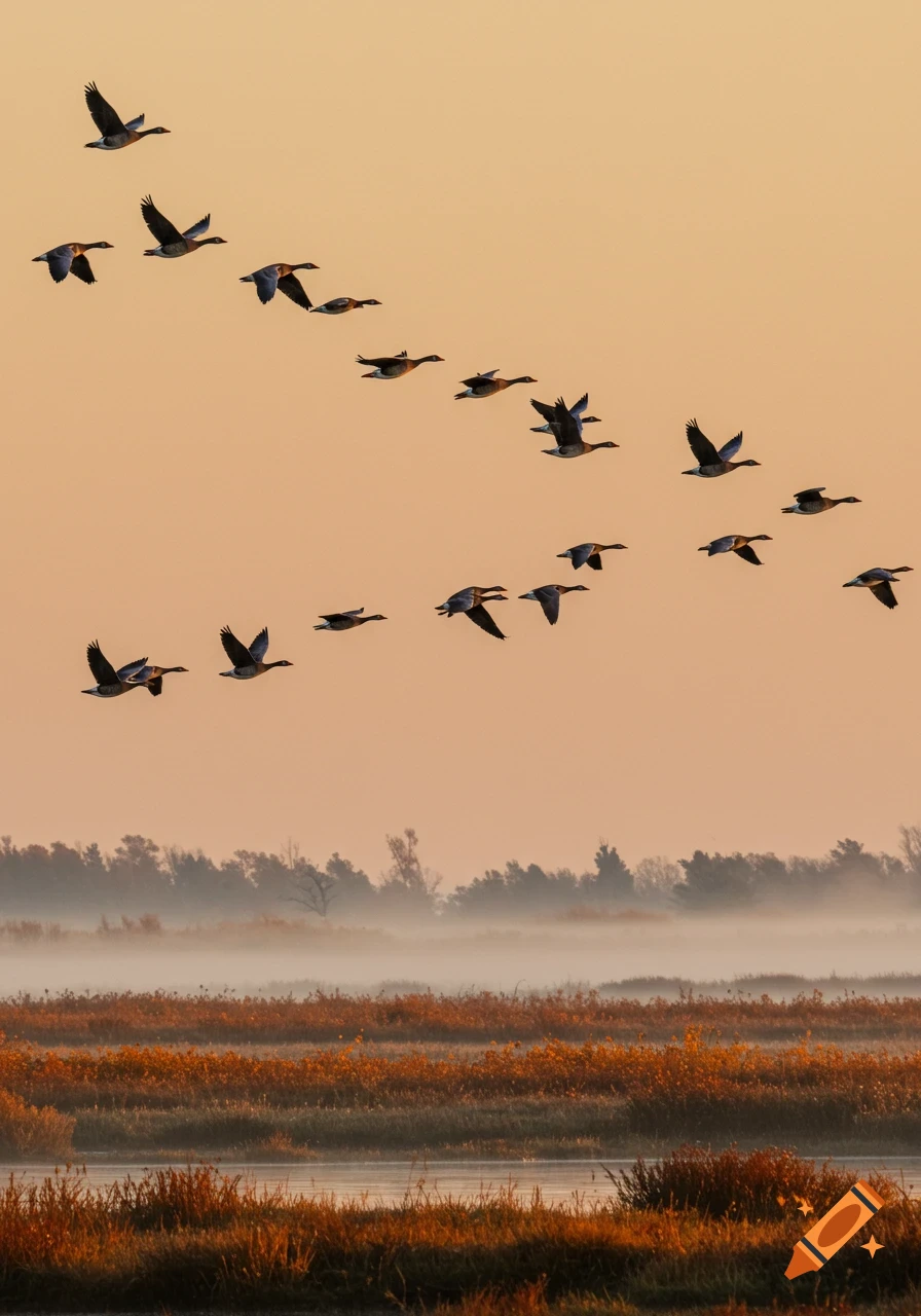 A flock of geese flies in a V-formation against an orange sky over a misty, golden marsh at sunrise.