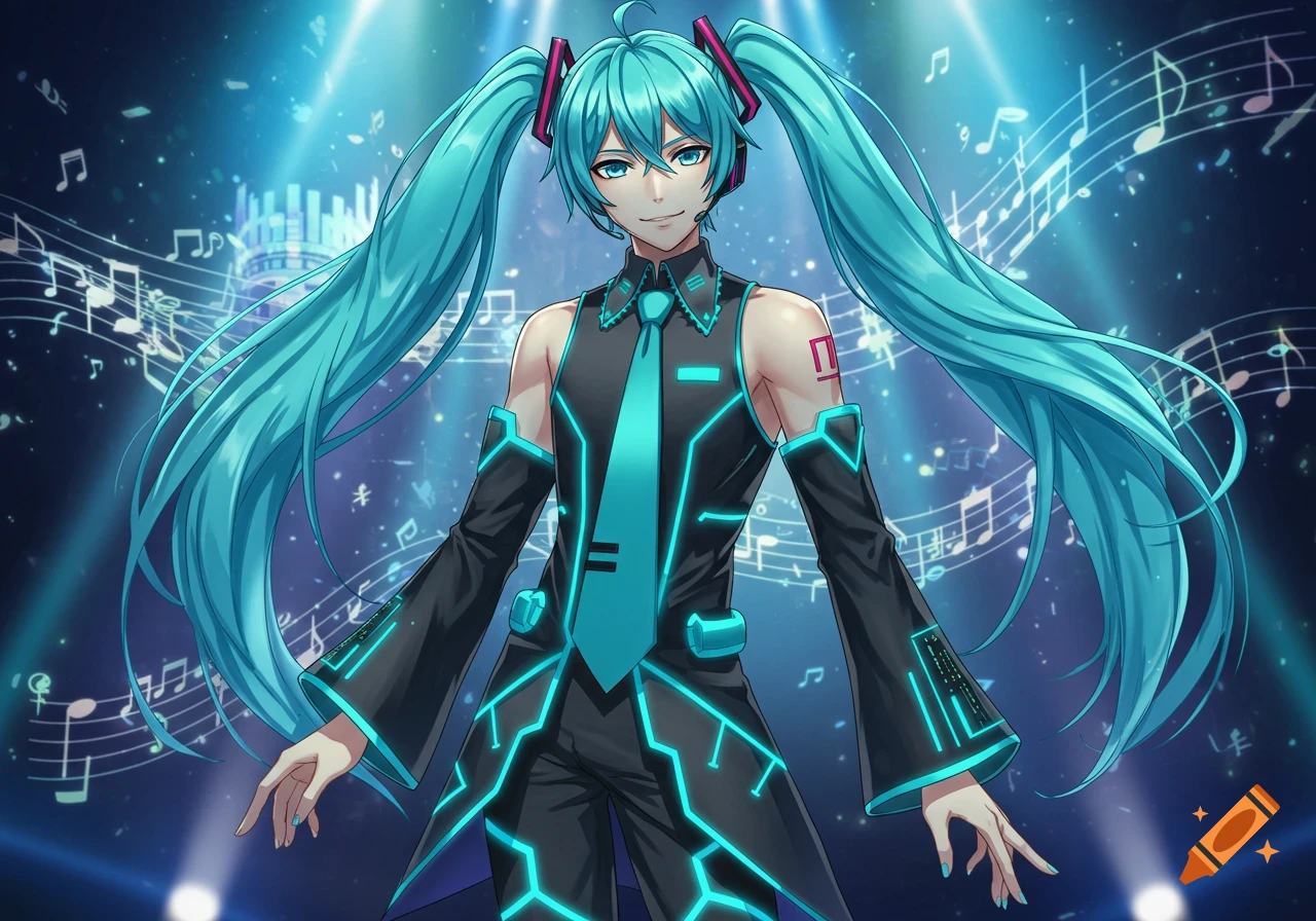 A male anime character with long teal pigtails, wearing a black and teal futuristic outfit, stands against a background of musical notes and blue lights.
