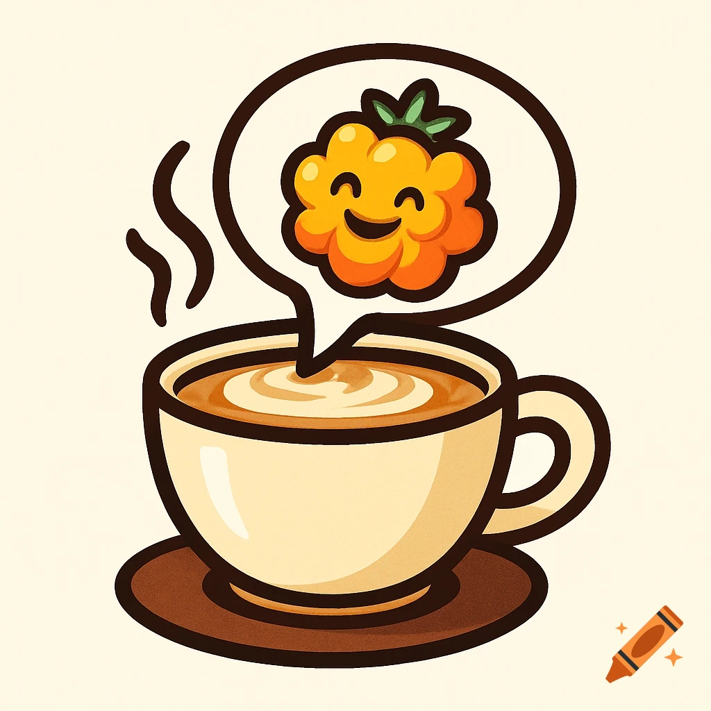 Cartoon logo of a steaming latte cup with a speech bubble showing a smiling cloudberry fruit.