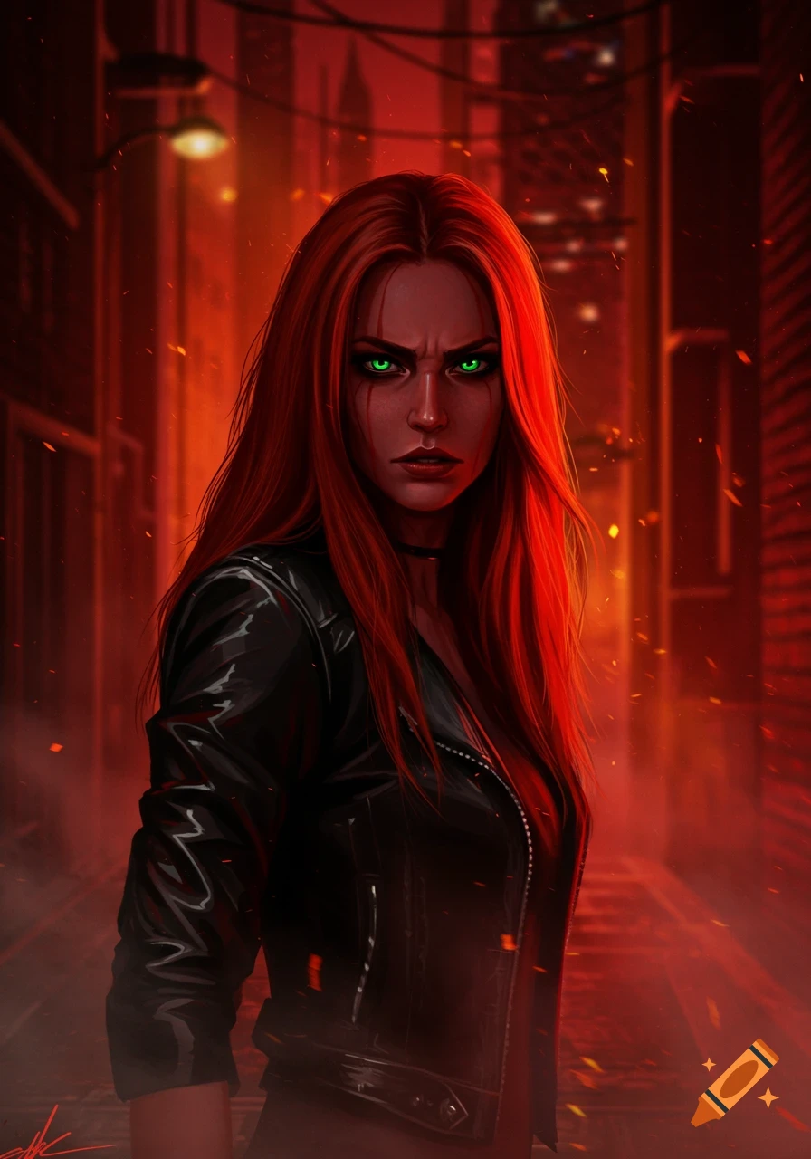 Intense red-haired woman with glowing green eyes in a black leather jacket, standing in a dark, red-lit alleyway, digital art.