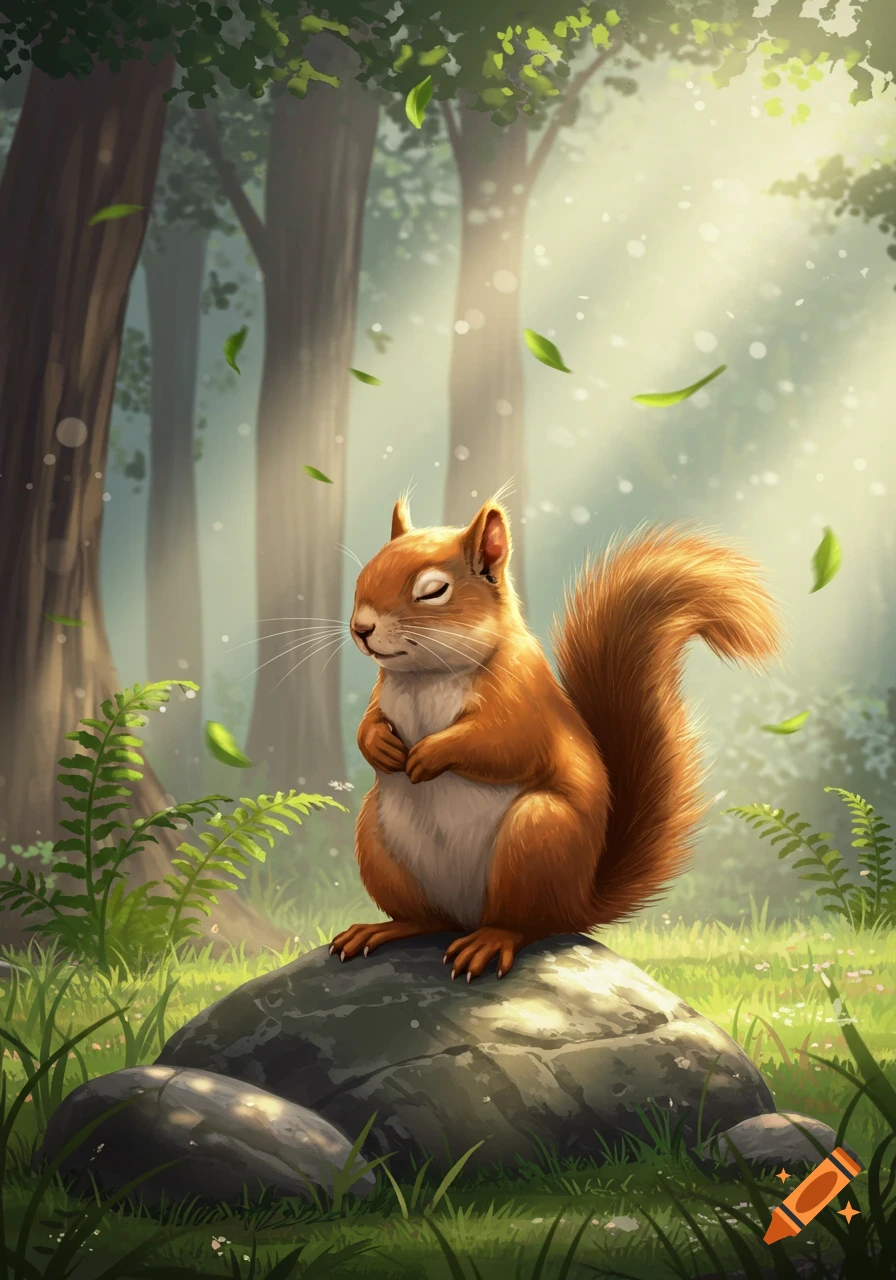A cute, fluffy brown squirrel with closed eyes sits peacefully on a sunlit rock in a vibrant, leafy forest with ferns. Digital art.