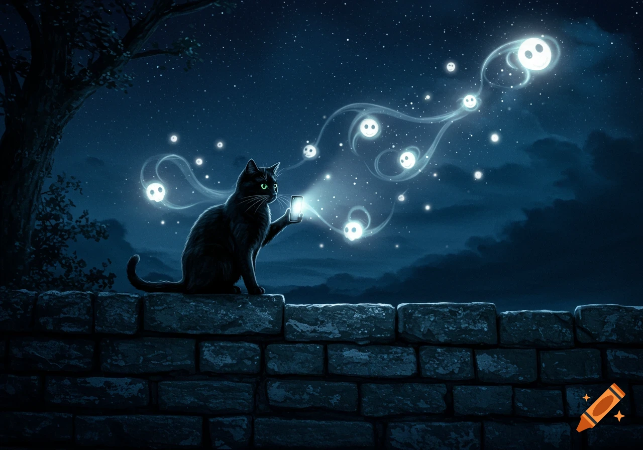 A black cat sits on a stone wall at night, holding a glowing smartphone that emits luminous, smiling ghost-like wisps into a starry sky. Digital art.