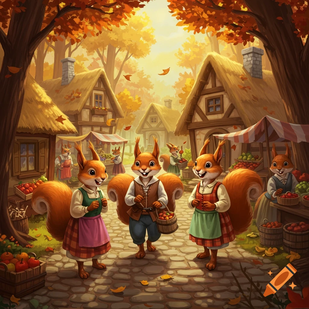 Vibrant cartoon illustration of smiling anthropomorphic squirrel townsfolk in an autumn village market with thatched-roof houses.
