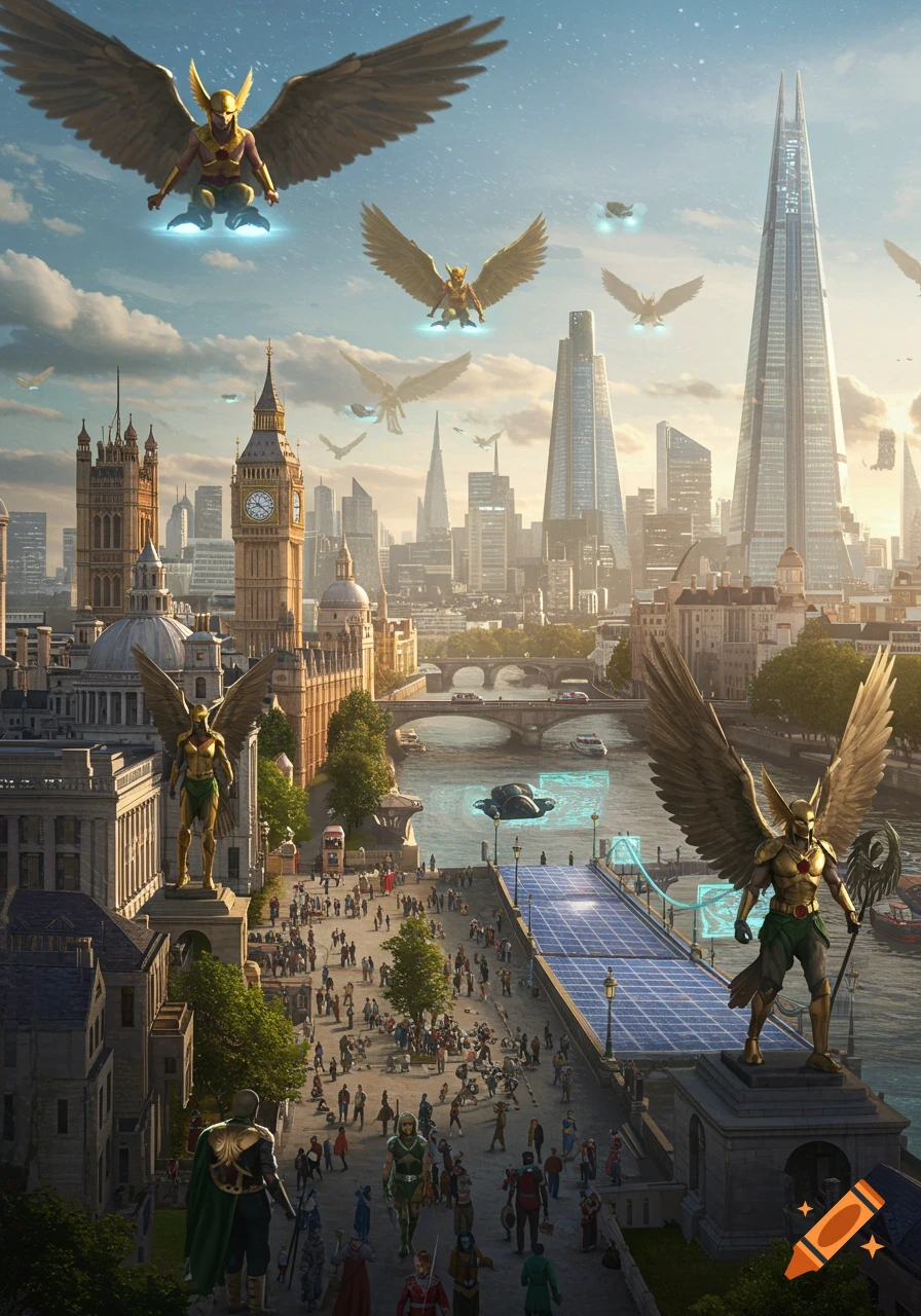 A futuristic London cityscape bustling with people, featuring several winged, Hawkman-like figures flying and standing near famous landmarks like Big Ben and The Shard.