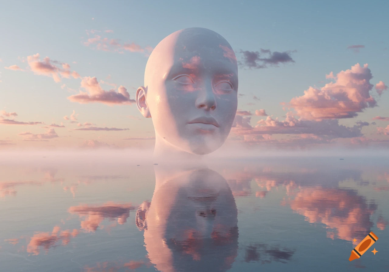 A white, featureless human head floats above calm water, reflecting the pastel sky with pink and blue clouds.
