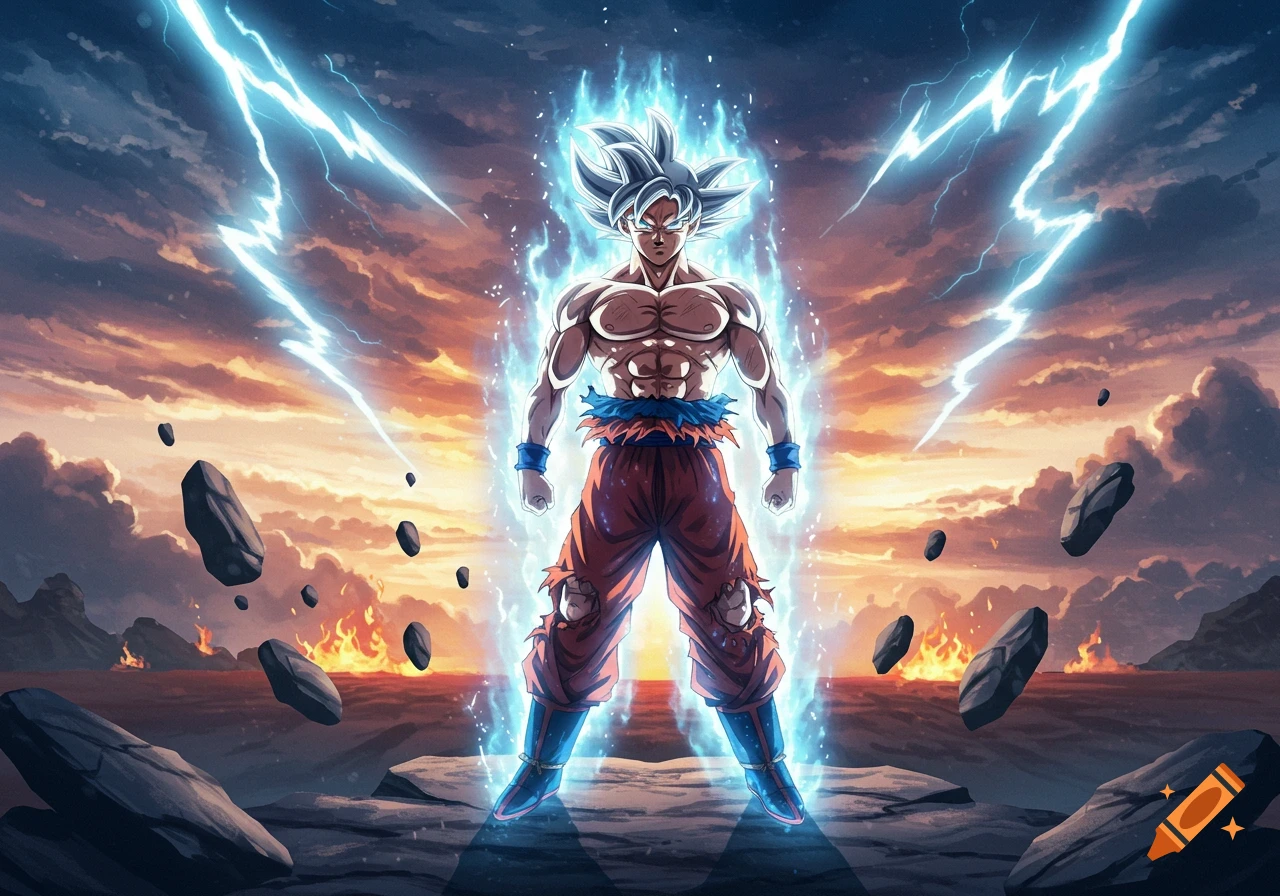 Goku in Ultra Instinct form surrounded by blue aura and lightning in a dynamic anime illustration.