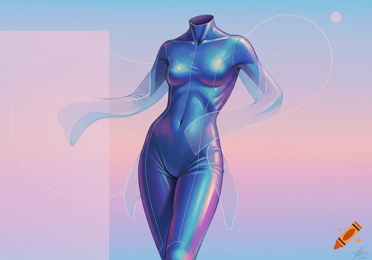 A headless mannequin in a vibrant, iridescent blue and purple full-body suit with flowing translucent elements against a pastel gradient background.