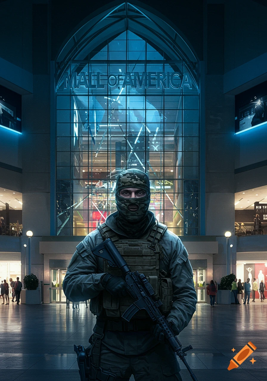 A man in a balaclava and tactical gear holding a rifle stands inside the Mall of America, rendered in a photorealistic style.