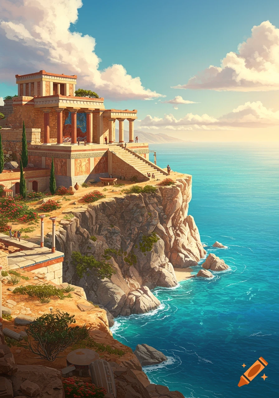 Minoan-style palace with red columns on a rocky cliff overlooking a clear blue sea under a bright sky.