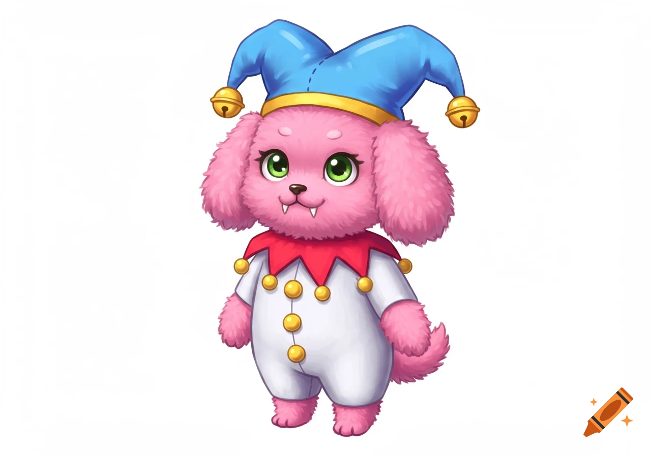 A cute pink fluffy dog wearing a blue jester hat and a white suit with a red ruffle, in a cartoon style on a white background.