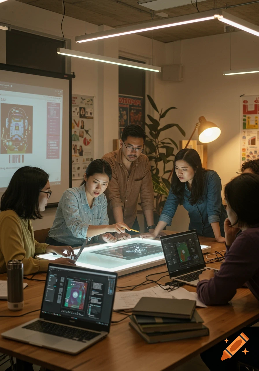 A diverse group of five people in a dimly lit modern office, gathered around an illuminated interactive table, discussing a project.
