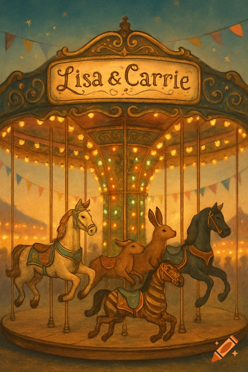 A vintage carousel with 'Lisa & Carrie' sign, featuring horses, rabbits, and a zebra, illuminated by warm lights in a painterly style.