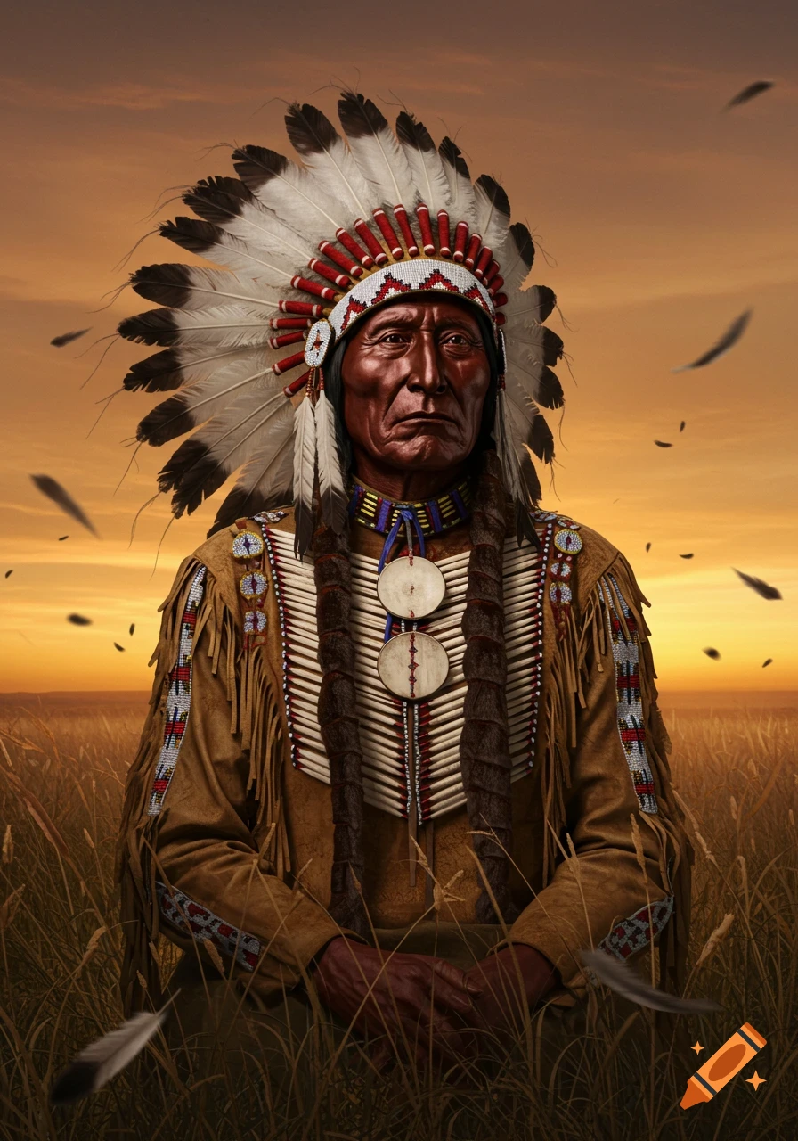 A photorealistic portrait of an elderly Native American chief in a feathered headdress and traditional attire, standing in a field at sunset.