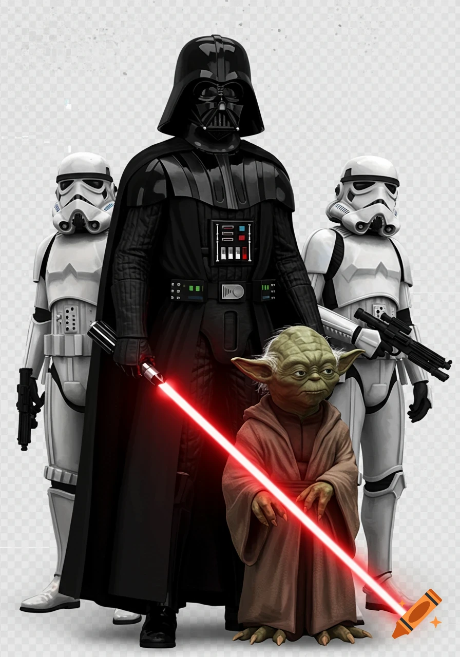 Darth Vader holding a red lightsaber, flanked by two Stormtroopers, with Yoda standing in front, on a transparent background.